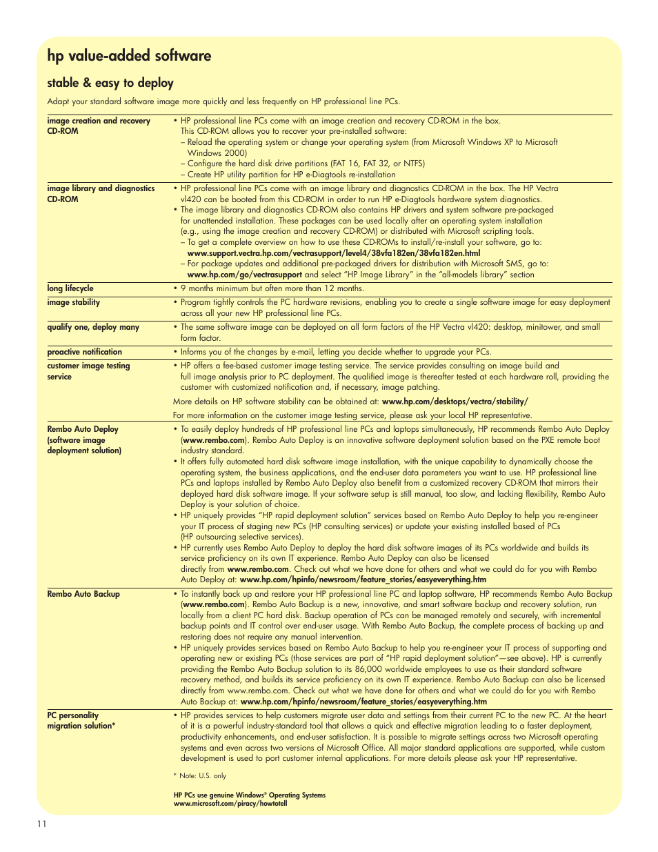 Hp value-added software, Stable & easy to deploy | HP VECTRA VL420 User Manual | Page 11 / 16