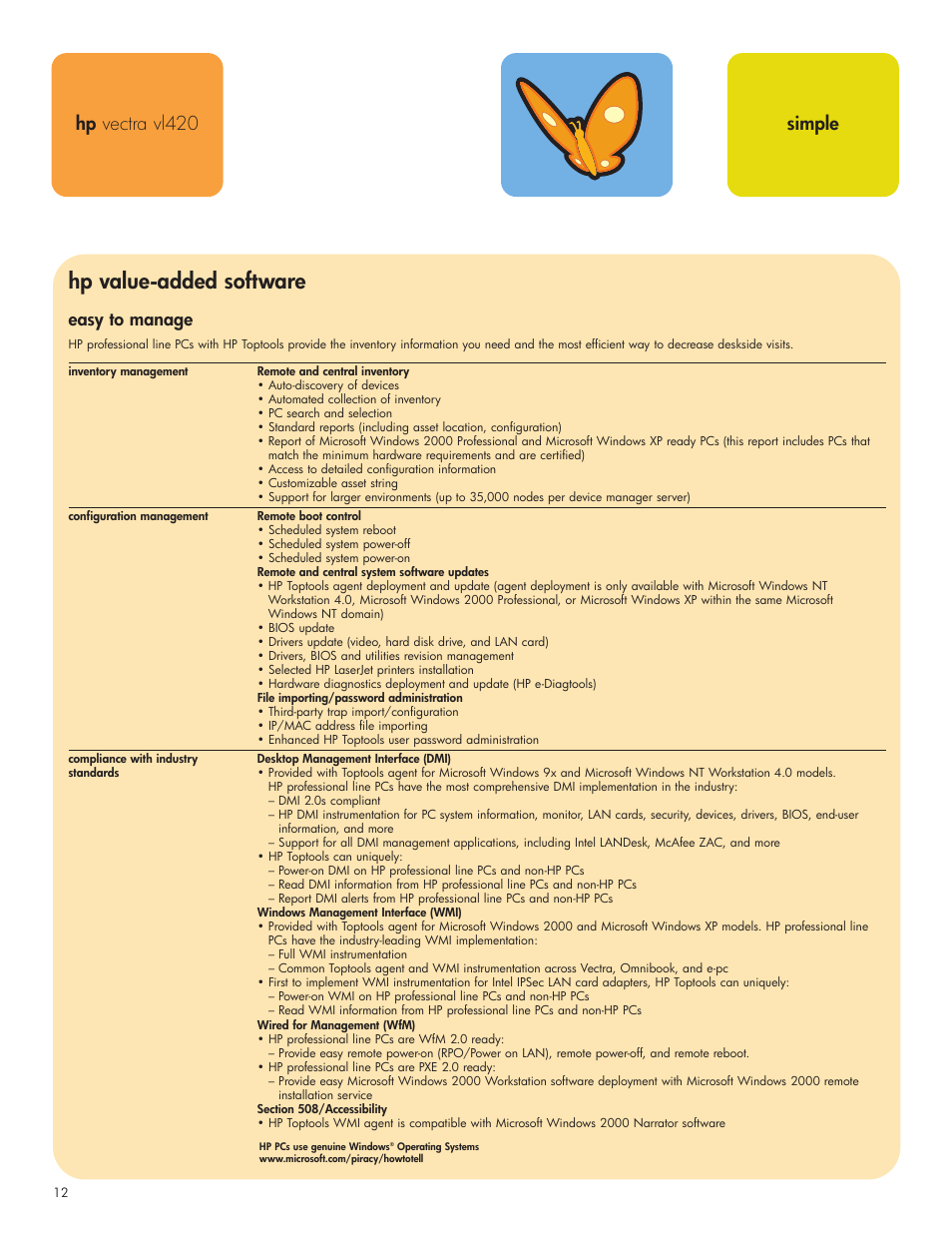 Hp value-added software, Hp vectra vl420 simple, Easy to manage | HP VECTRA VL420 User Manual | Page 12 / 16