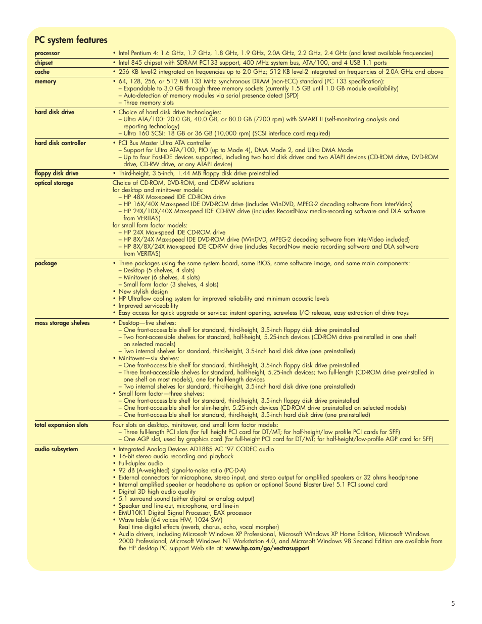 Pc system features | HP VECTRA VL420 User Manual | Page 5 / 16