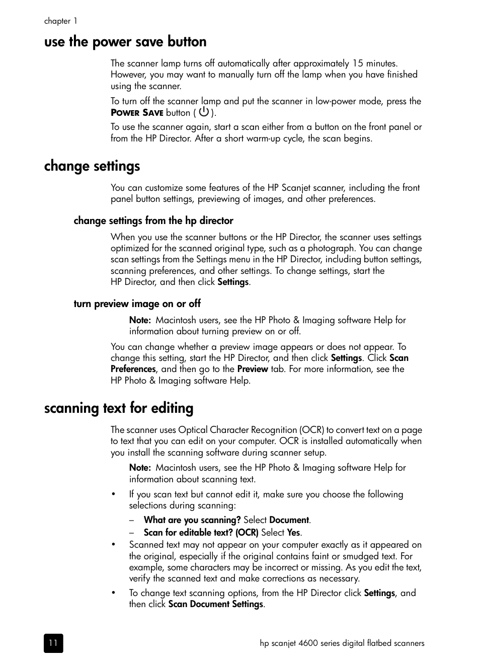 Use the power save button, Change settings, Scanning text for editing | HP scanjet 4600 Series User Manual | Page 16 / 38