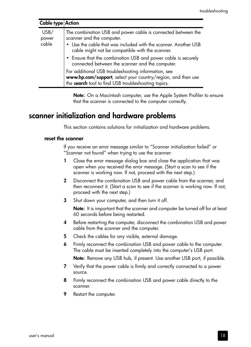 Scanner initialization and hardware problems, Reset the scanner | HP scanjet 4600 Series User Manual | Page 23 / 38