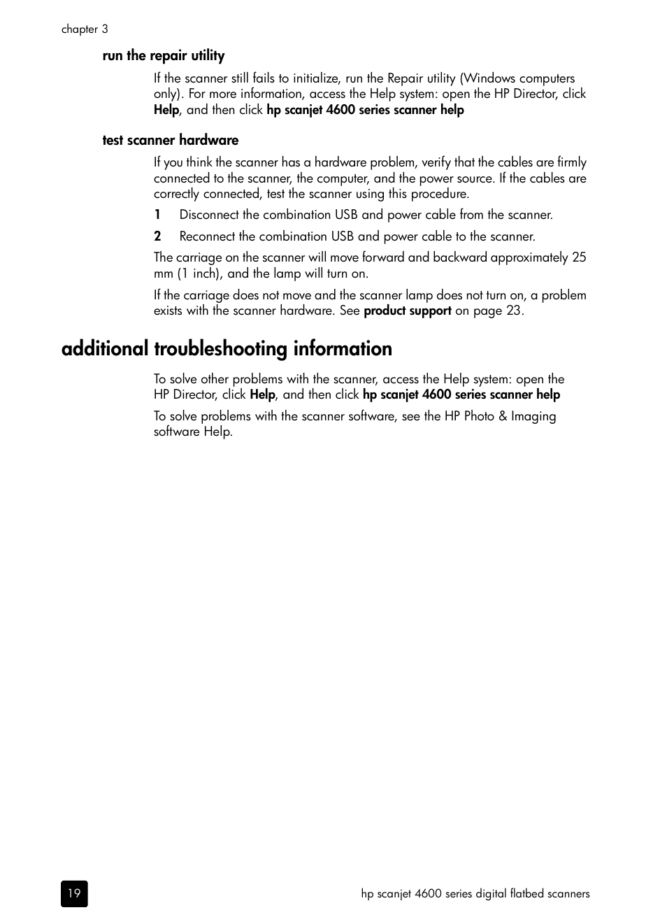 Run the repair utility, Test scanner hardware, Additional troubleshooting information | HP scanjet 4600 Series User Manual | Page 24 / 38
