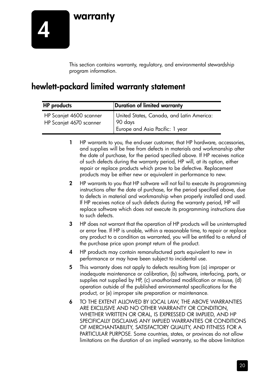 Warranty, Hewlett-packard limited warranty statement, Hewlett | Packard limited warranty statement | HP scanjet 4600 Series User Manual | Page 25 / 38