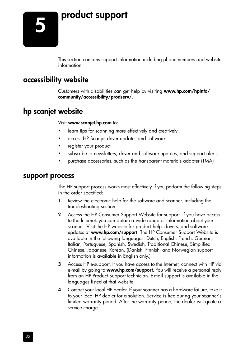 Product support, Accessibility website, Hp scanjet website | Support process | HP scanjet 4600 Series User Manual | Page 28 / 38