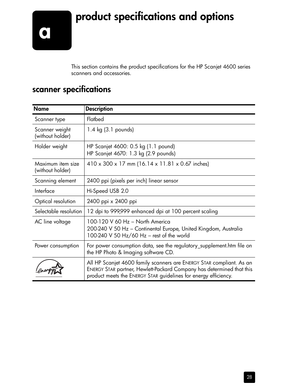 Product specifications and options, Scanner specifications | HP scanjet 4600 Series User Manual | Page 33 / 38