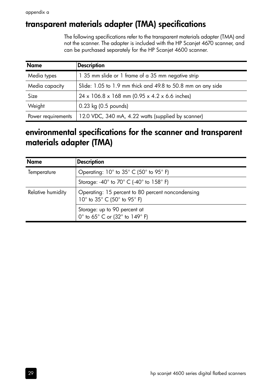 Transparent materials adapter (tma) specifications | HP scanjet 4600 Series User Manual | Page 34 / 38
