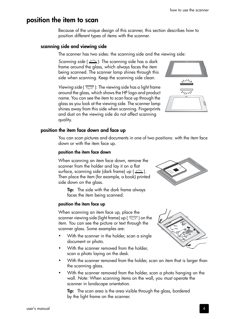 Position the item to scan, Scanning side and viewing side, Position the item face down and face up | HP scanjet 4600 Series User Manual | Page 9 / 38