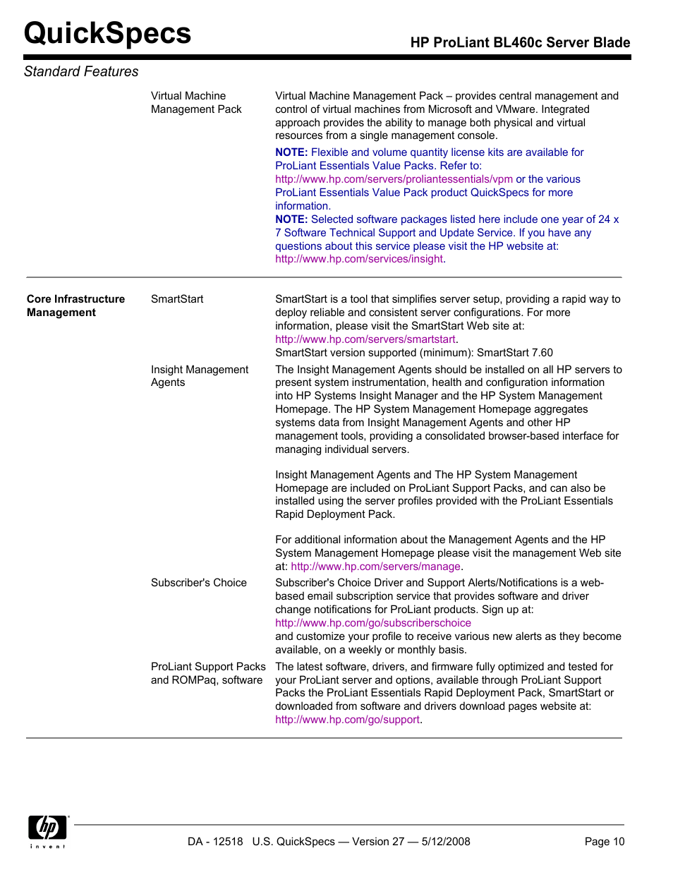 Quickspecs, Hp proliant bl460c server blade standard features | HP ProLiant Blade BL460c User Manual | Page 10 / 33