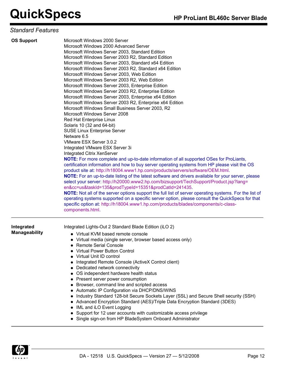 Quickspecs | HP ProLiant Blade BL460c User Manual | Page 12 / 33