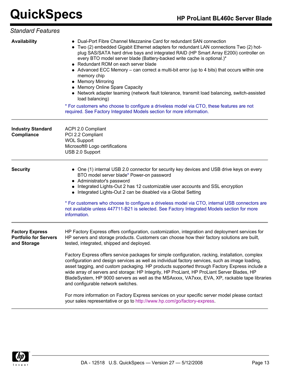 Quickspecs | HP ProLiant Blade BL460c User Manual | Page 13 / 33