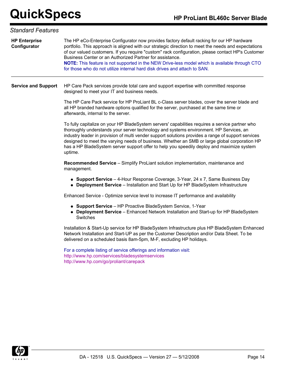 Quickspecs | HP ProLiant Blade BL460c User Manual | Page 14 / 33