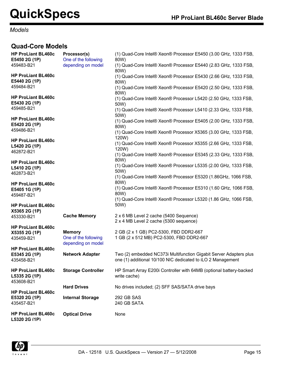 Models, Quickspecs, Quad-core models | Hp proliant bl460c server blade models | HP ProLiant Blade BL460c User Manual | Page 15 / 33