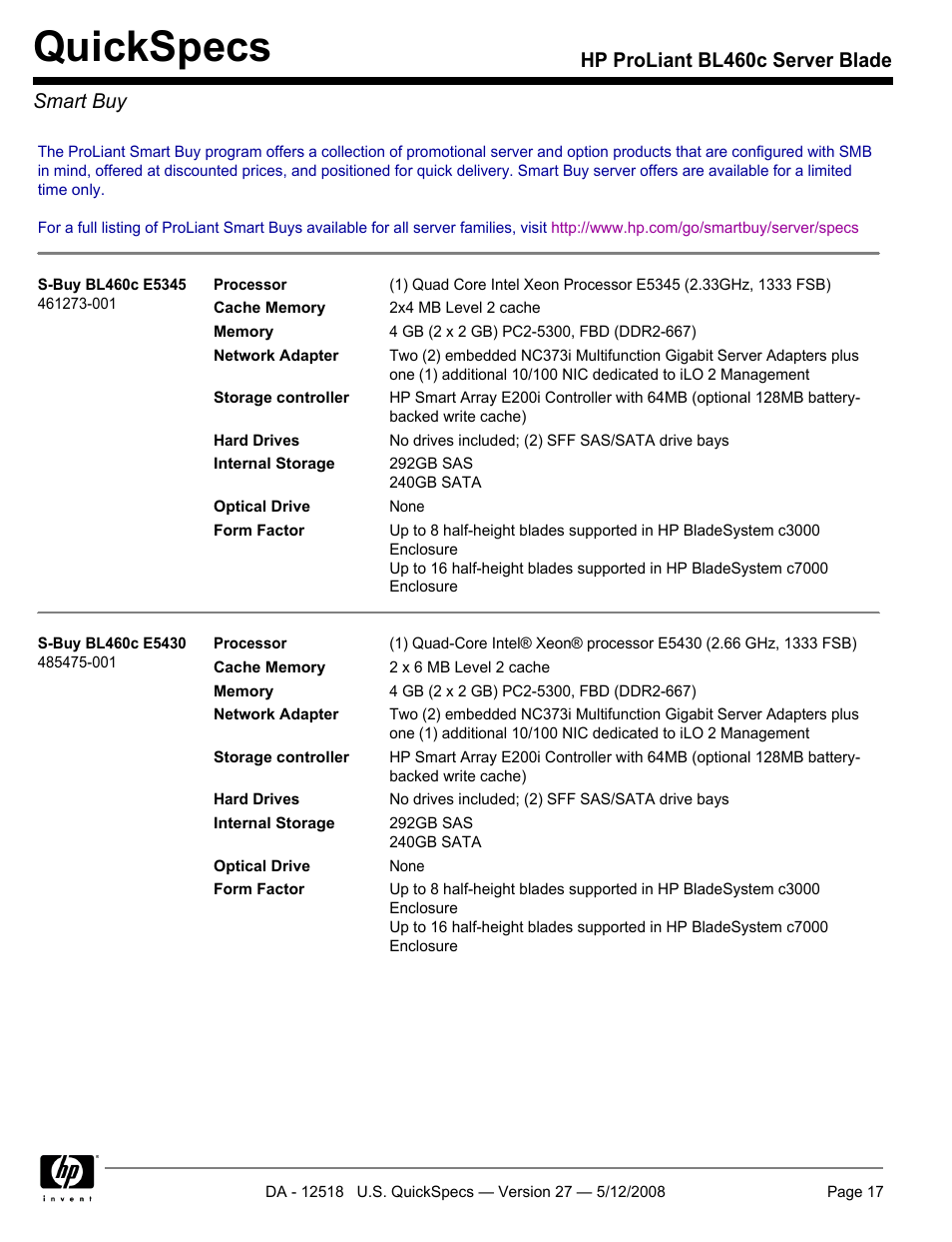 Smart buy, Quickspecs, Hp proliant bl460c server blade smart buy | HP ProLiant Blade BL460c User Manual | Page 17 / 33
