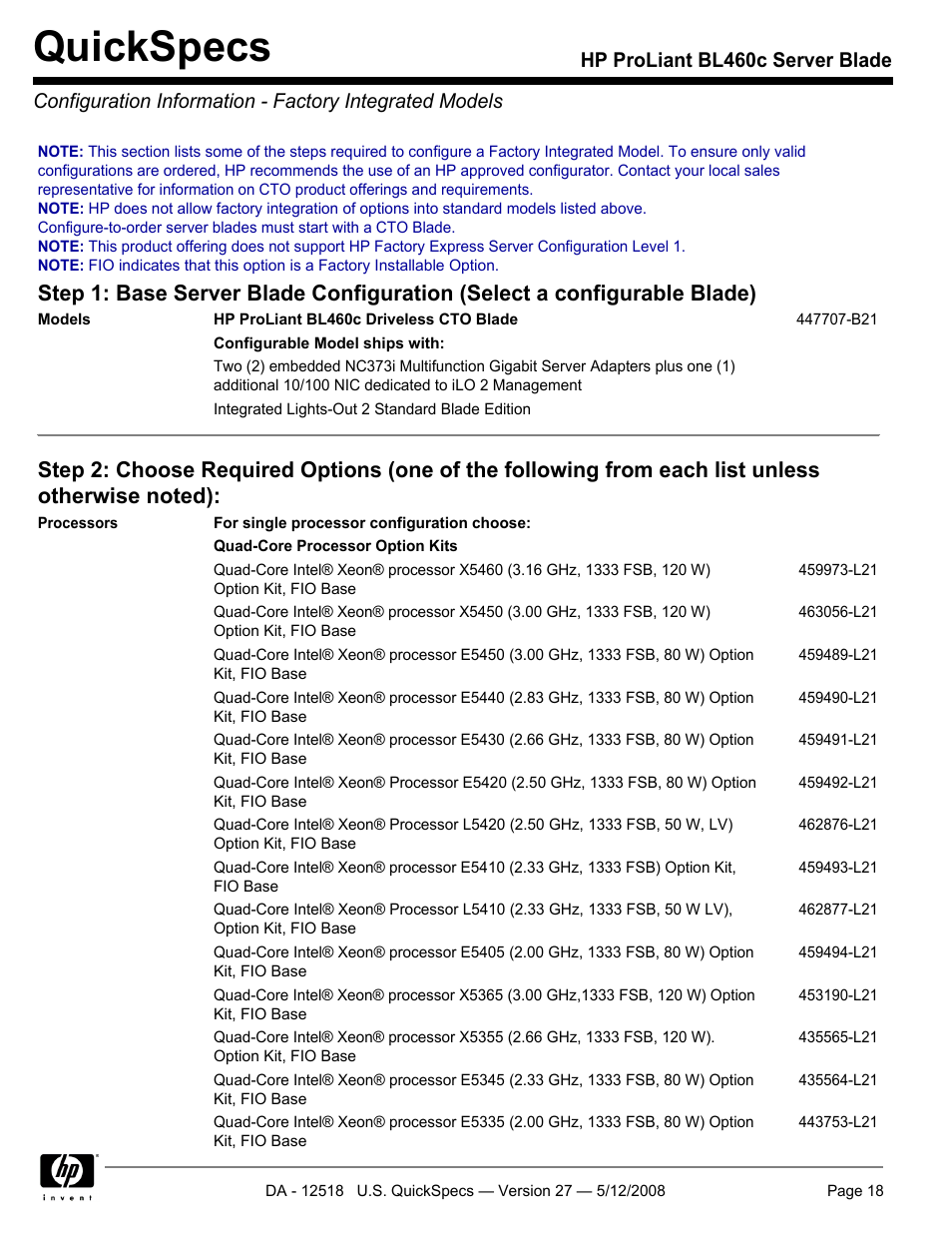 Quickspecs | HP ProLiant Blade BL460c User Manual | Page 18 / 33