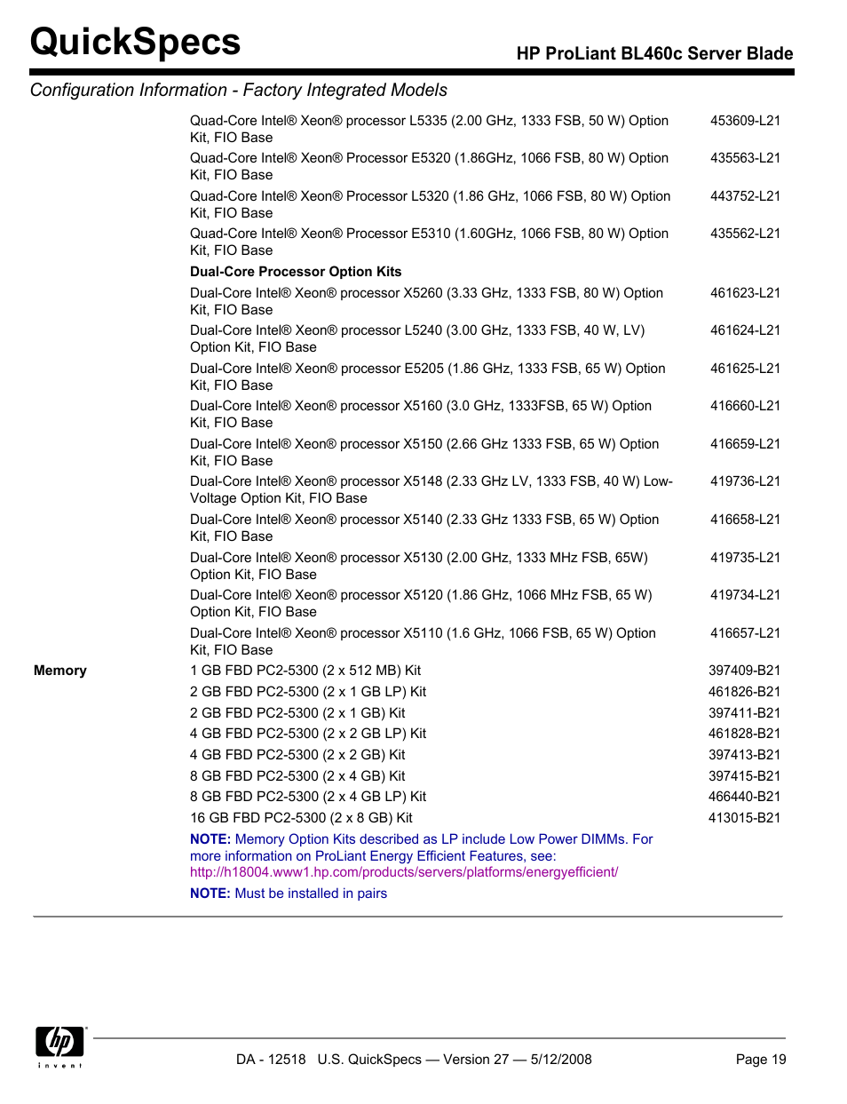Quickspecs | HP ProLiant Blade BL460c User Manual | Page 19 / 33