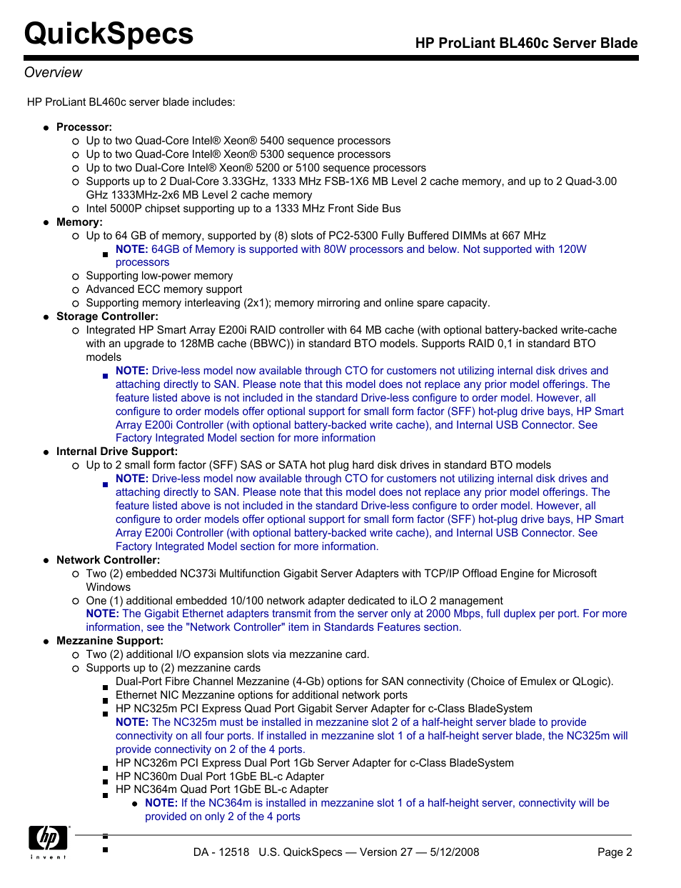 Quickspecs, Hp proliant bl460c server blade overview | HP ProLiant Blade BL460c User Manual | Page 2 / 33