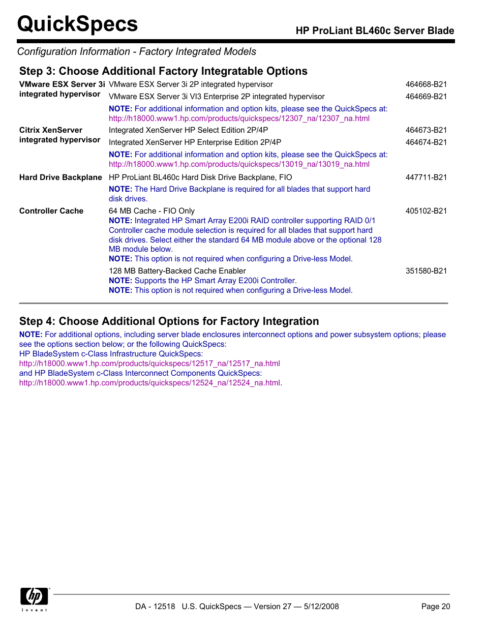 Quickspecs | HP ProLiant Blade BL460c User Manual | Page 20 / 33