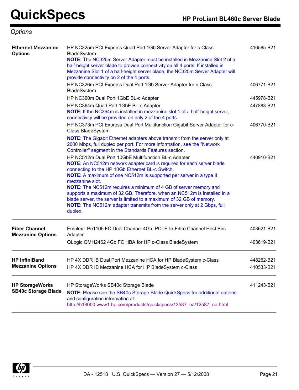 Options, Quickspecs, Hp proliant bl460c server blade options | HP ProLiant Blade BL460c User Manual | Page 21 / 33