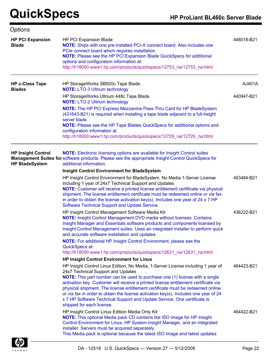Quickspecs, Hp proliant bl460c server blade options | HP ProLiant Blade BL460c User Manual | Page 22 / 33