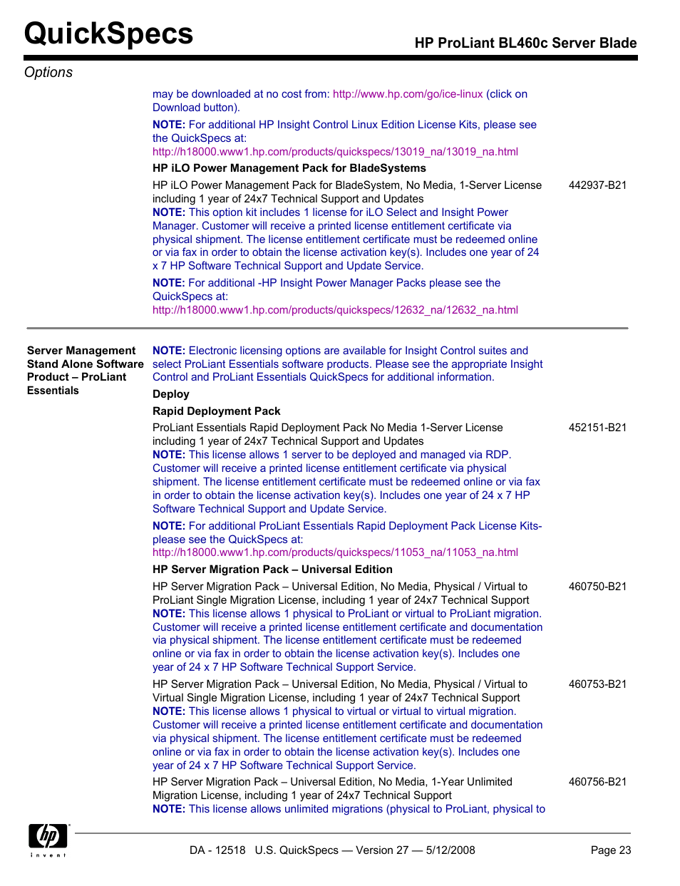 Quickspecs, Hp proliant bl460c server blade options | HP ProLiant Blade BL460c User Manual | Page 23 / 33