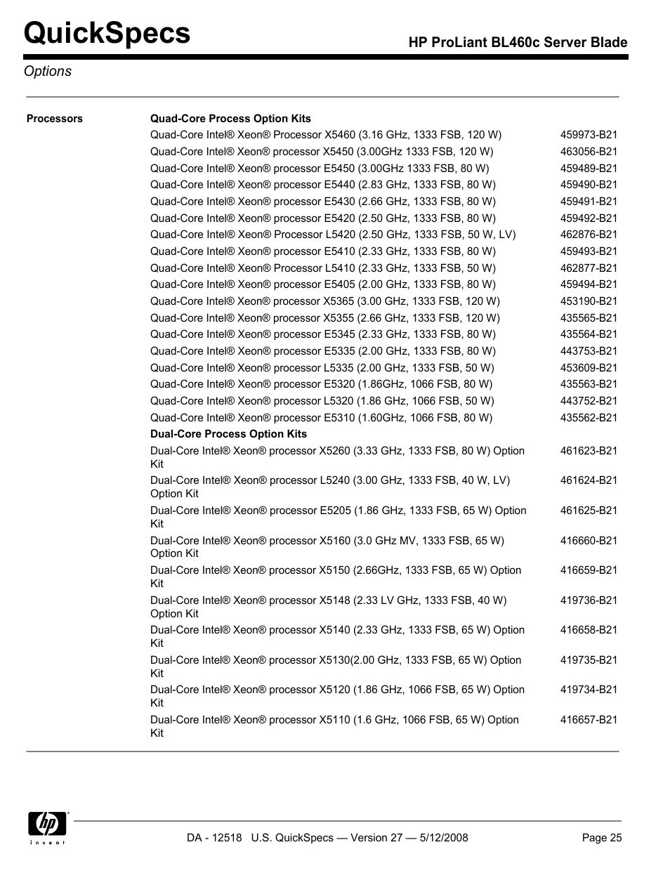 Quickspecs, Hp proliant bl460c server blade options | HP ProLiant Blade BL460c User Manual | Page 25 / 33