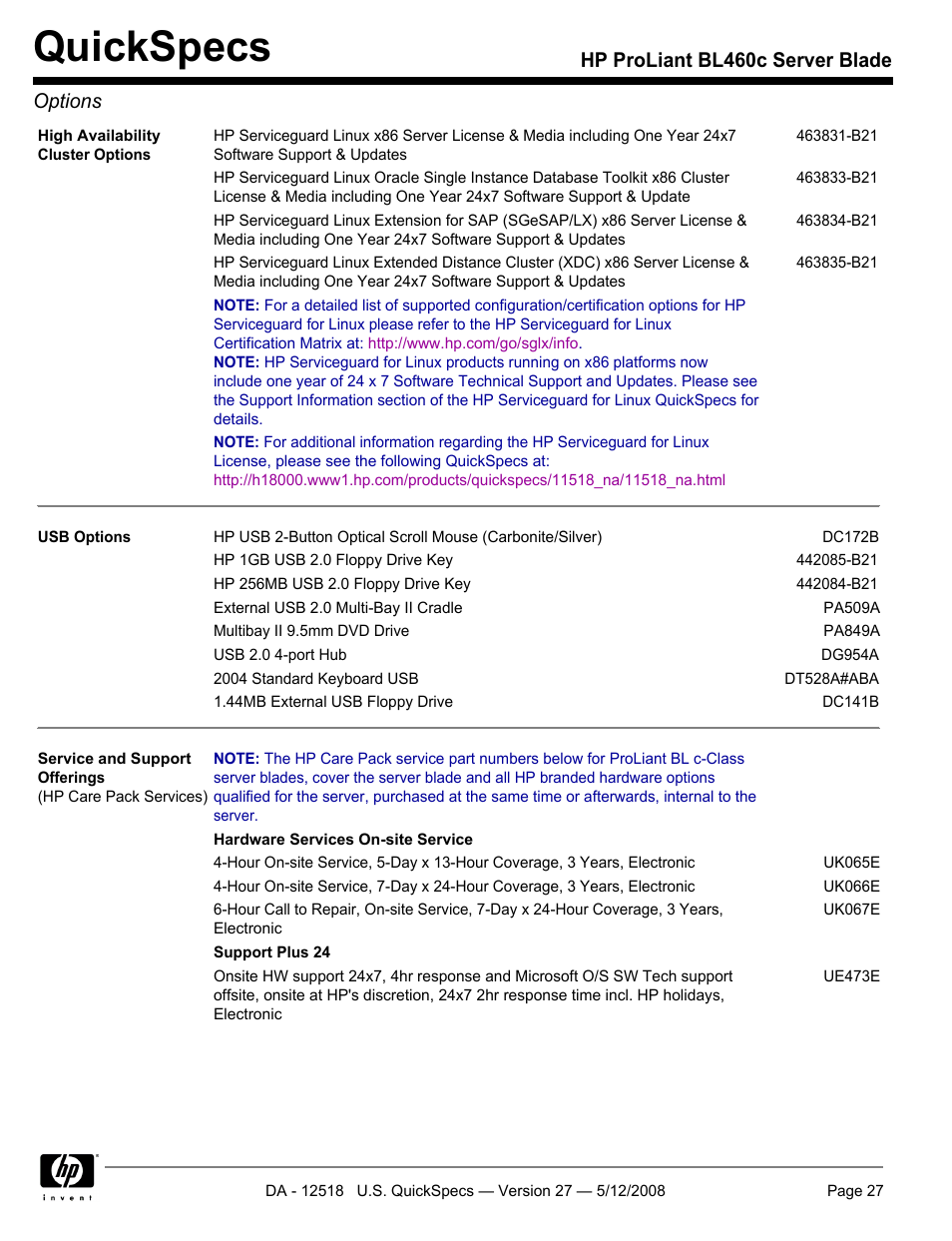 Quickspecs, Hp proliant bl460c server blade options | HP ProLiant Blade BL460c User Manual | Page 27 / 33