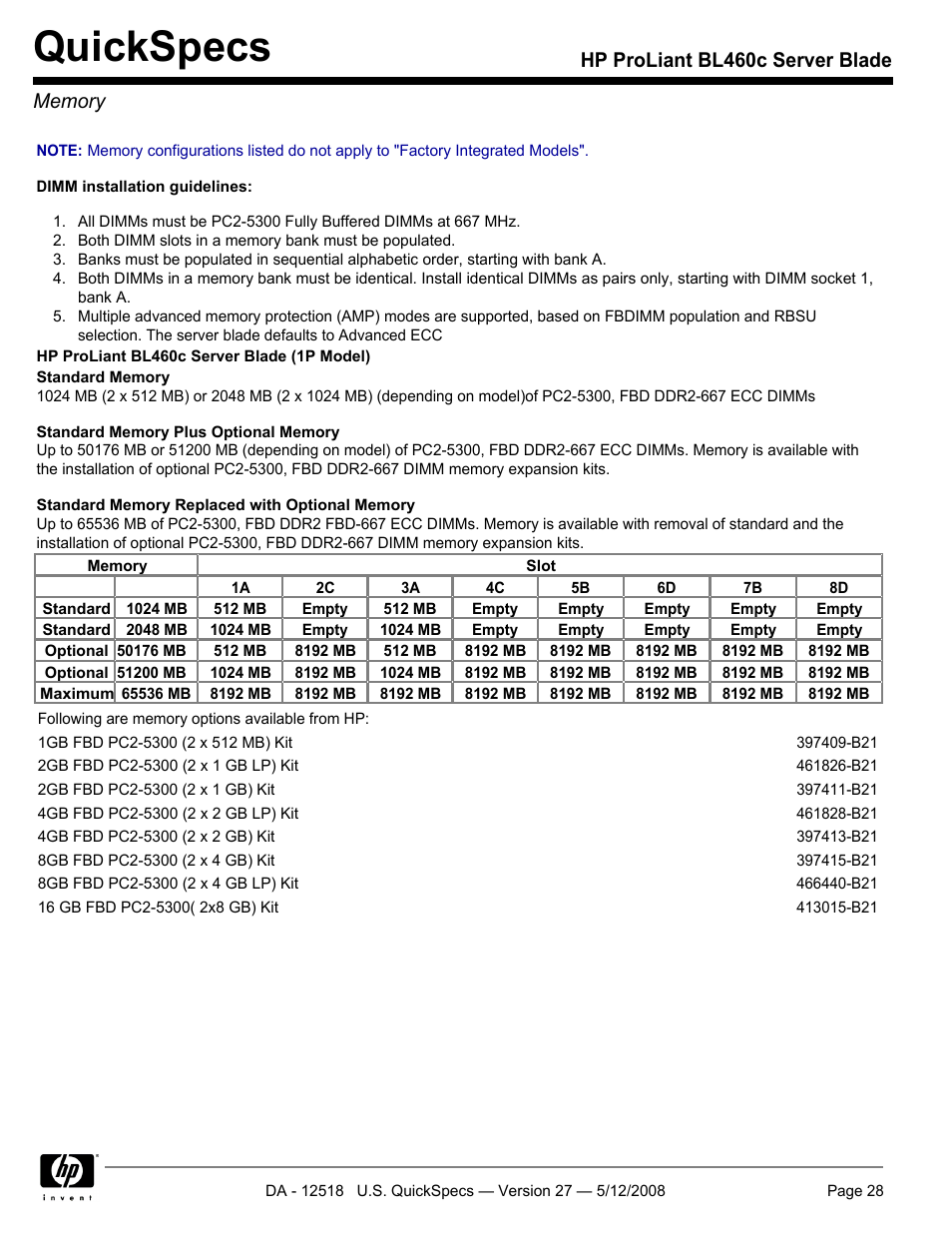 Memory, Quickspecs | HP ProLiant Blade BL460c User Manual | Page 28 / 33