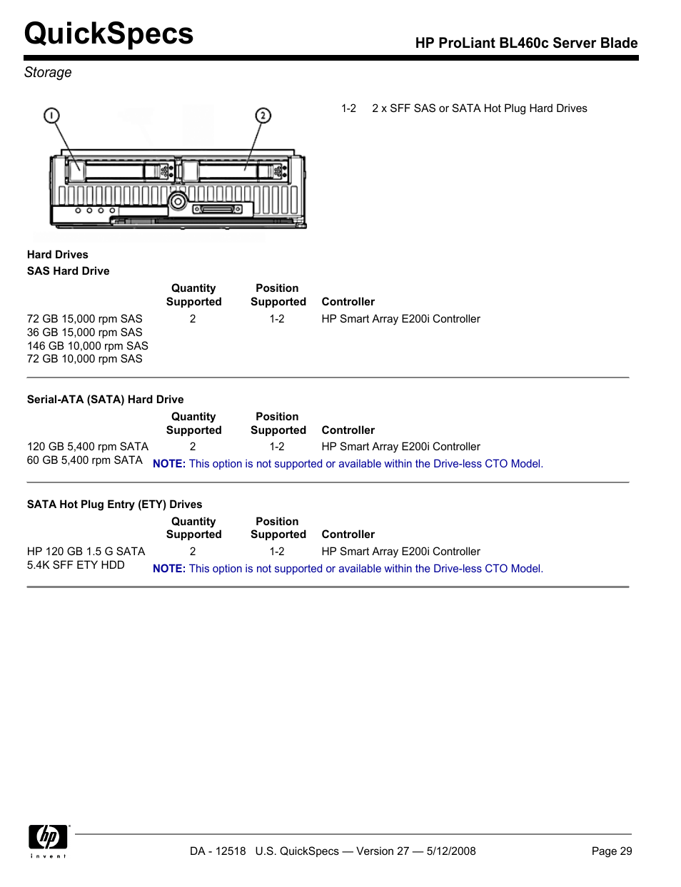 Storage, Quickspecs, Hp proliant bl460c server blade storage | HP ProLiant Blade BL460c User Manual | Page 29 / 33