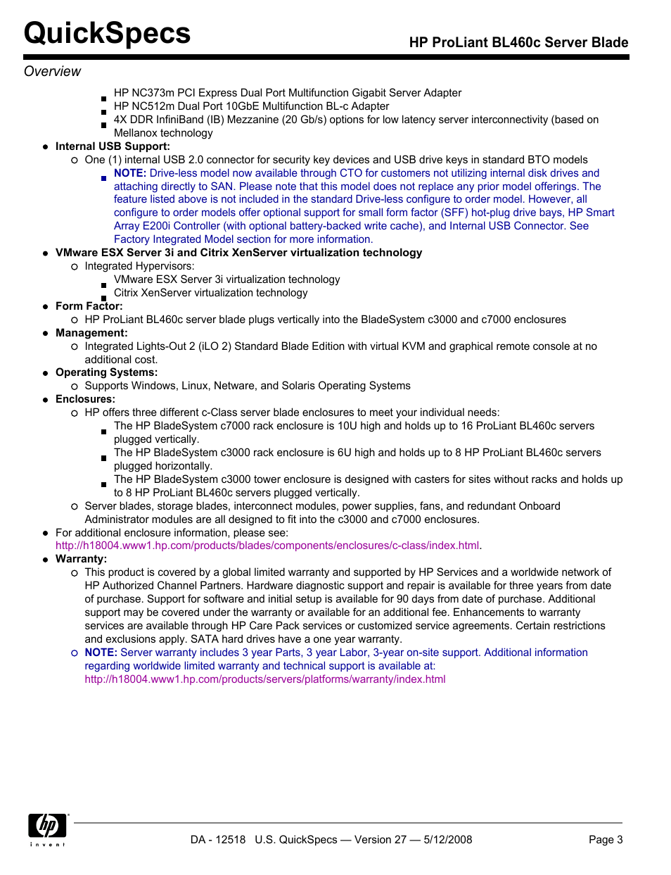 Quickspecs, Hp proliant bl460c server blade overview | HP ProLiant Blade BL460c User Manual | Page 3 / 33
