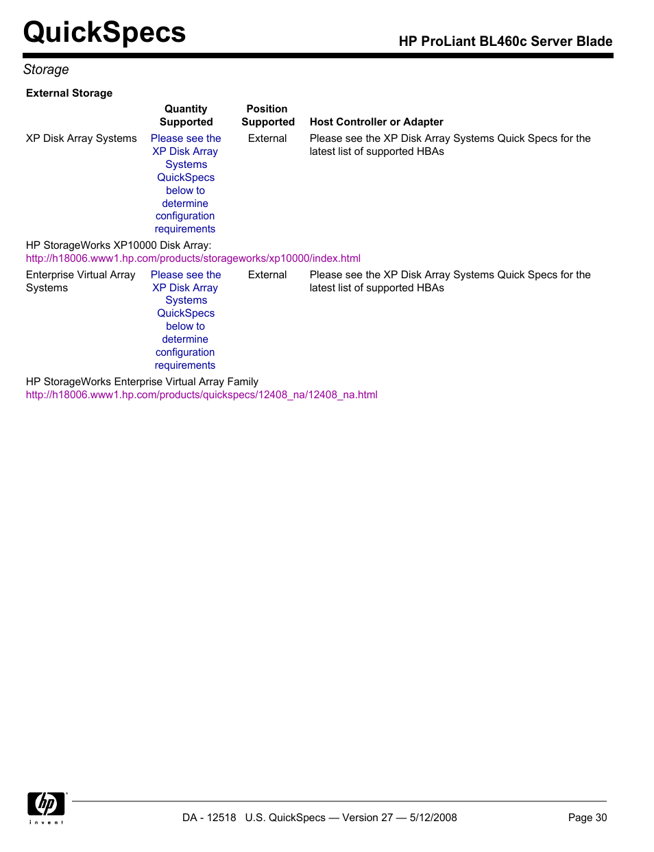 Quickspecs, Hp proliant bl460c server blade storage | HP ProLiant Blade BL460c User Manual | Page 30 / 33