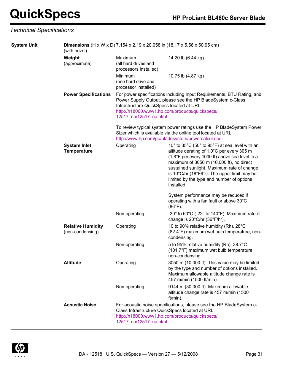 Technical specifications, Quickspecs | HP ProLiant Blade BL460c User Manual | Page 31 / 33