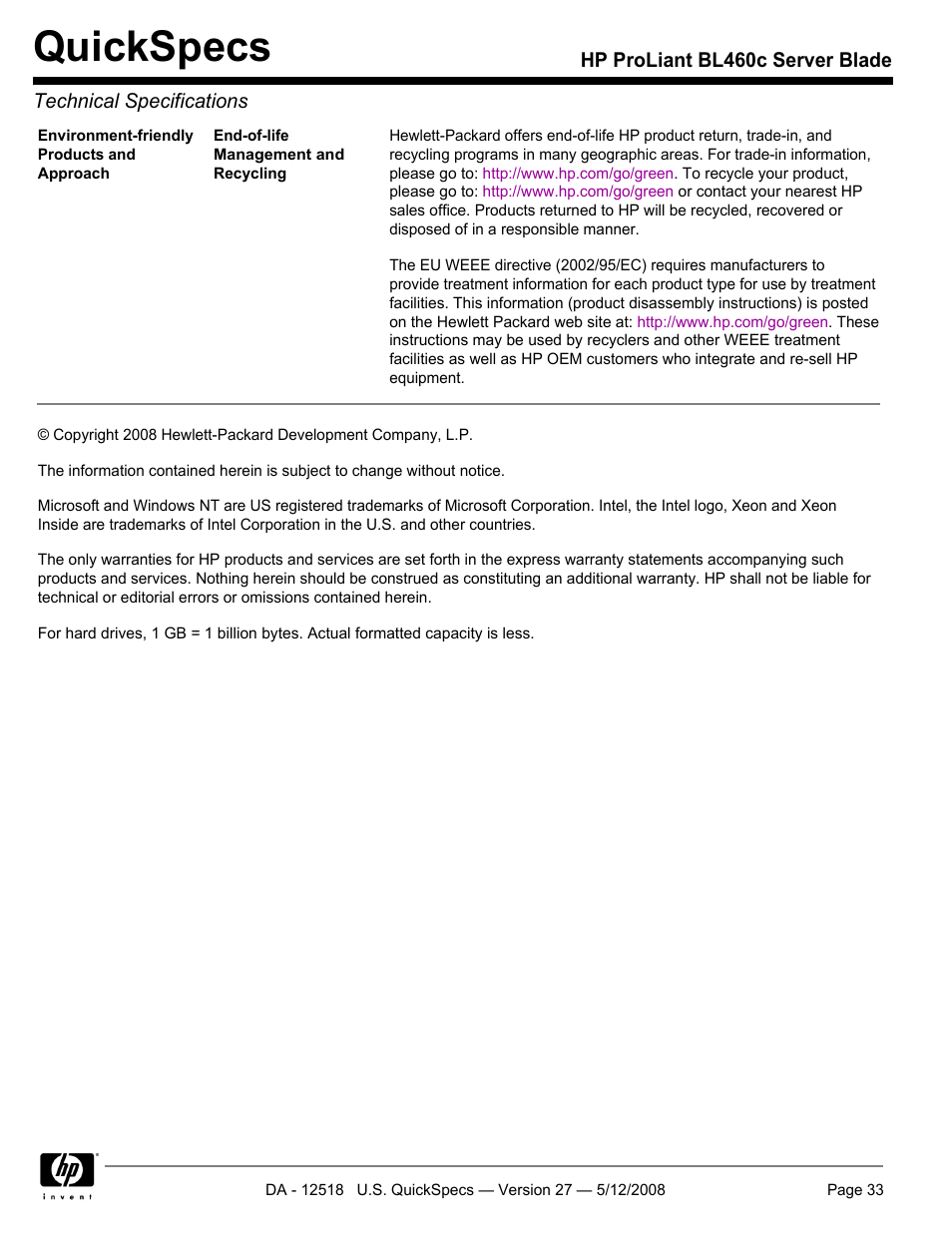 Quickspecs | HP ProLiant Blade BL460c User Manual | Page 33 / 33