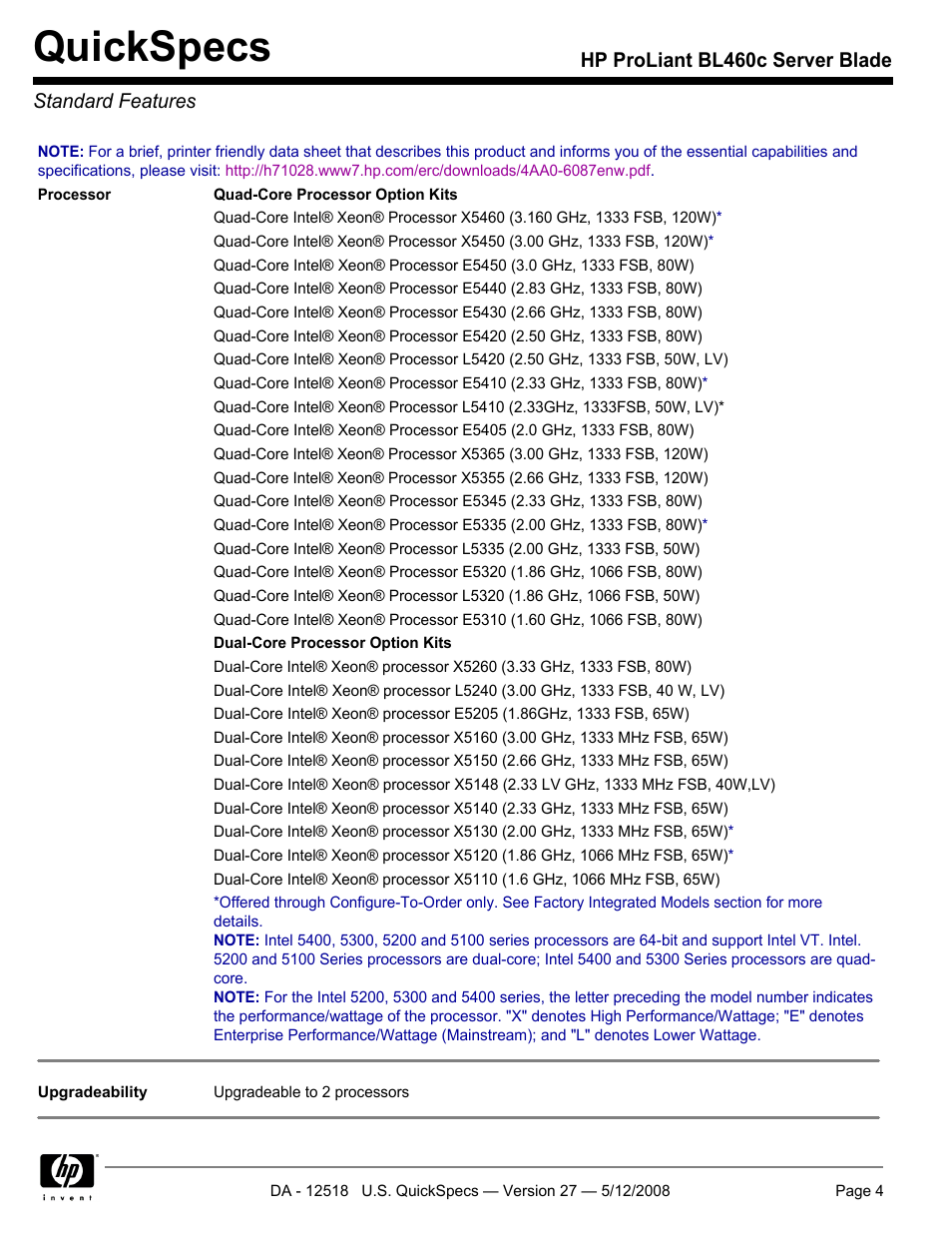 Standard features, Quickspecs, Hp proliant bl460c server blade standard features | HP ProLiant Blade BL460c User Manual | Page 4 / 33