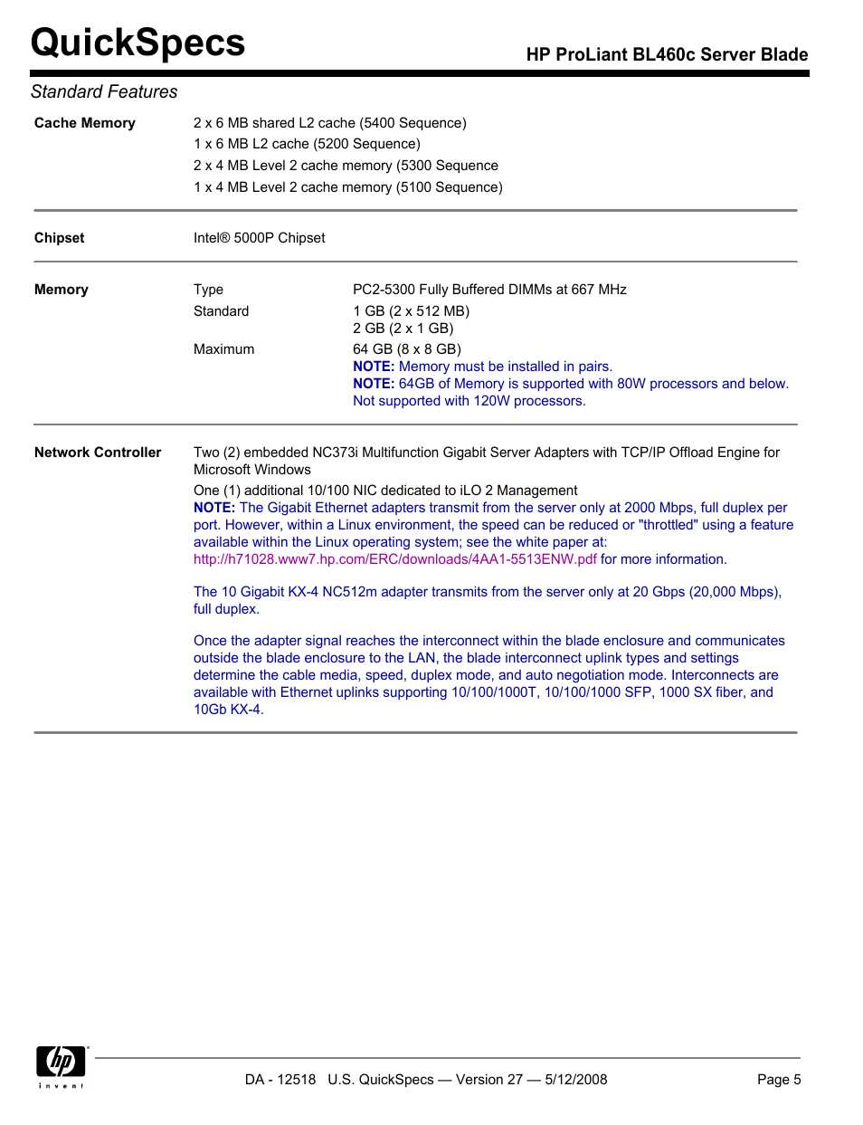 Quickspecs, Hp proliant bl460c server blade standard features | HP ProLiant Blade BL460c User Manual | Page 5 / 33