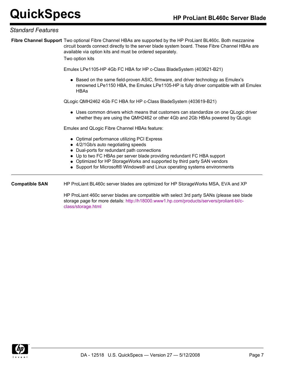 Quickspecs | HP ProLiant Blade BL460c User Manual | Page 7 / 33
