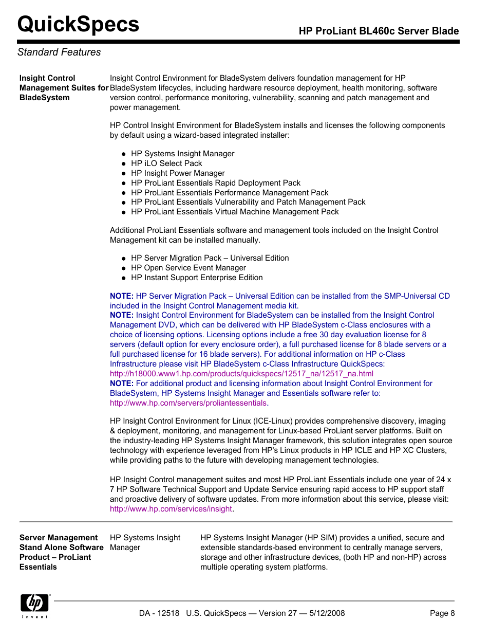 Standard features, Quickspecs | HP ProLiant Blade BL460c User Manual | Page 8 / 33