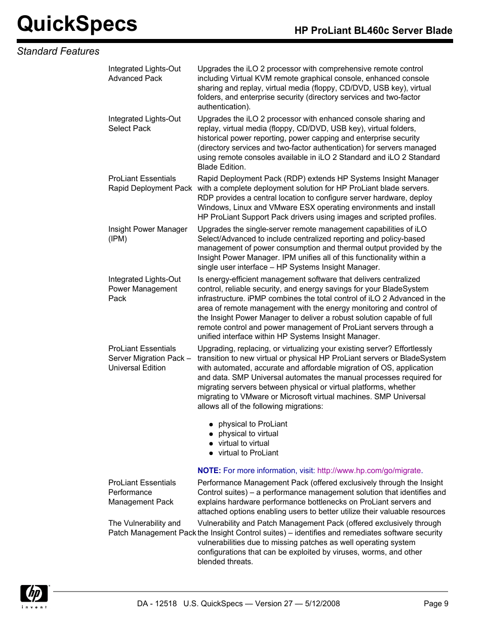 Quickspecs, Hp proliant bl460c server blade standard features | HP ProLiant Blade BL460c User Manual | Page 9 / 33