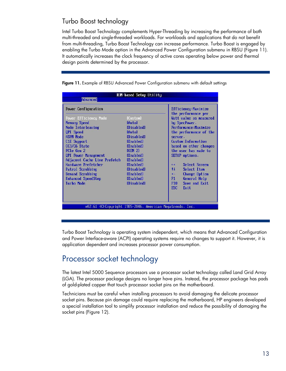 Turbo boost technology, Processor socket technology | HP SL6000 User Manual | Page 13 / 25