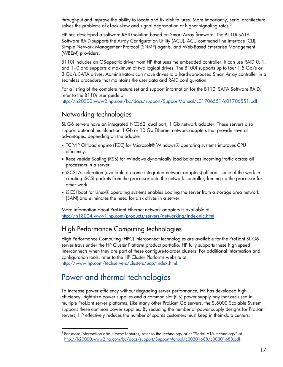 Networking technologies, High performance computing technologies, Power and thermal technologies | HP SL6000 User Manual | Page 17 / 25