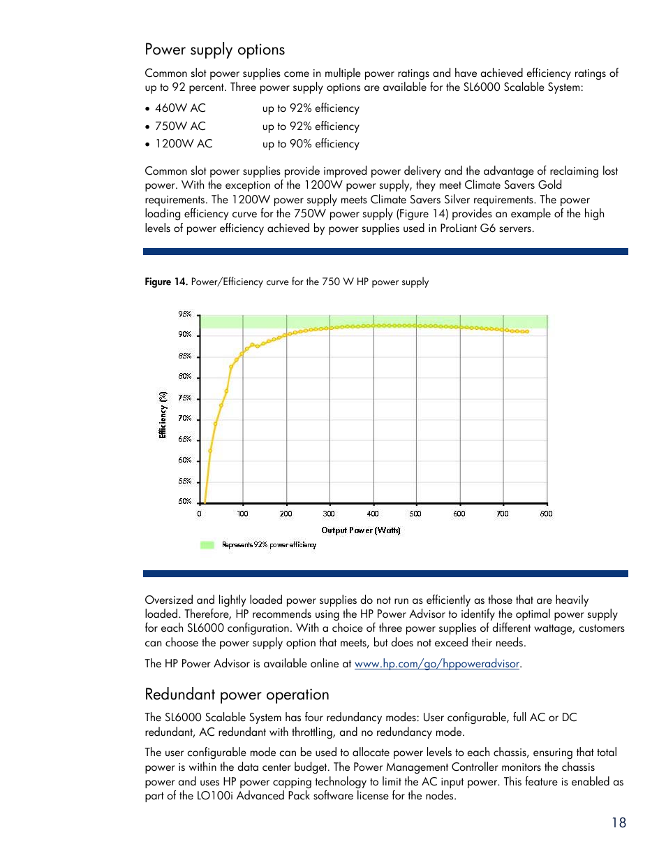 Power supply options, Redundant power operation | HP SL6000 User Manual | Page 18 / 25