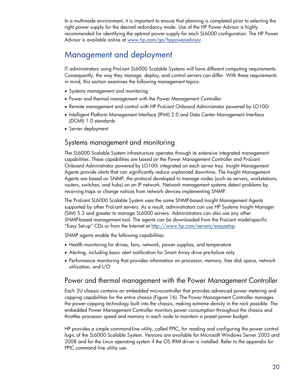 Management and deployment, Systems management and monitoring | HP SL6000 User Manual | Page 20 / 25