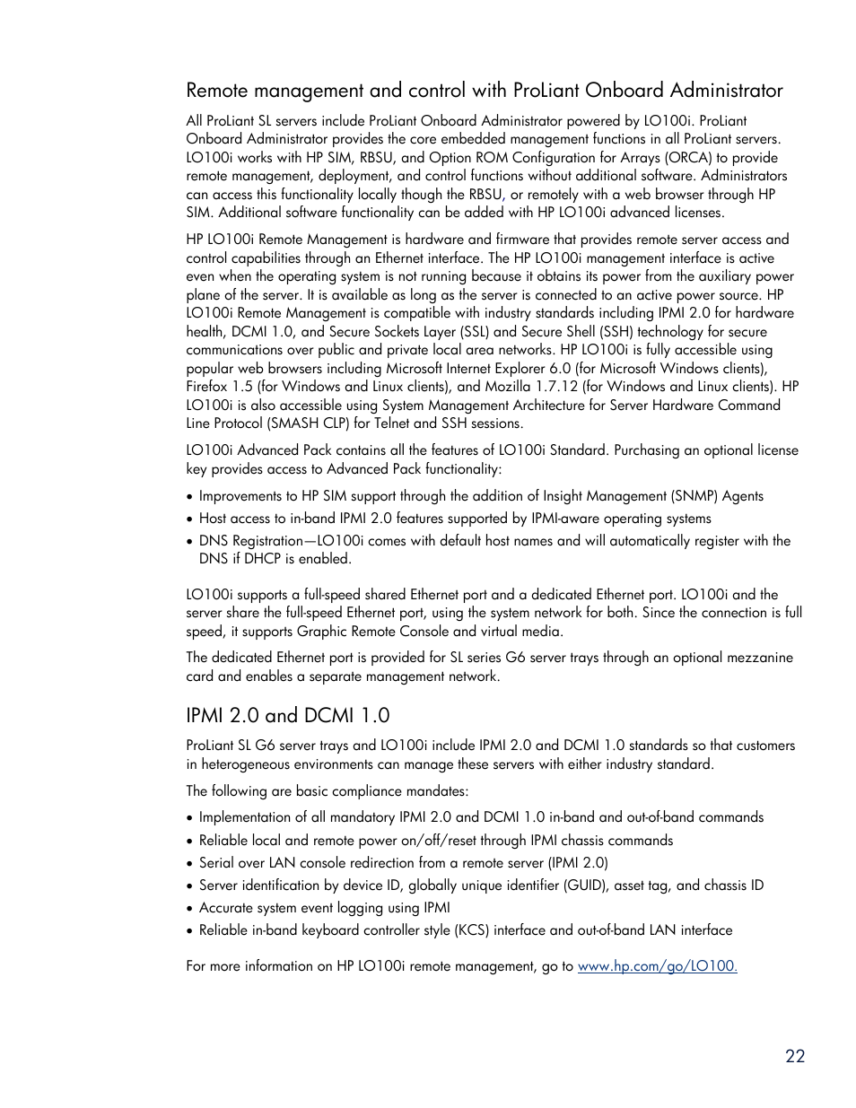 Ipmi 2.0 and dcmi 1.0 | HP SL6000 User Manual | Page 22 / 25