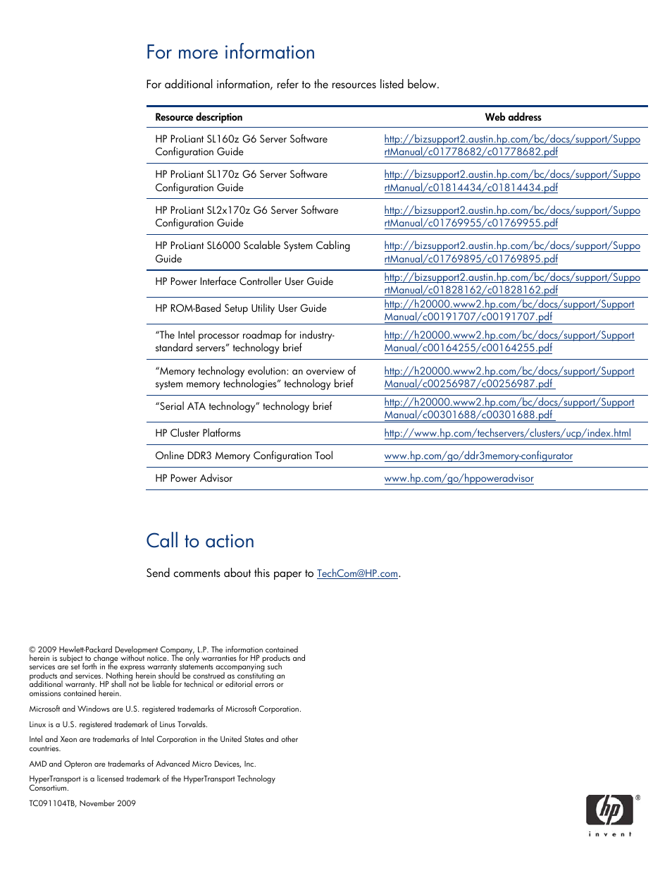 For more information, Call to action | HP SL6000 User Manual | Page 25 / 25