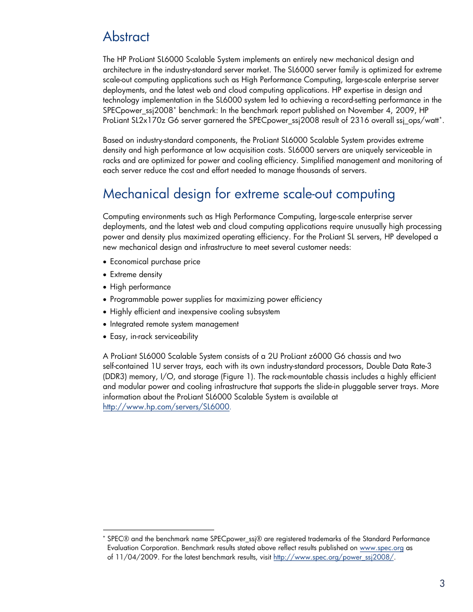Abstract, Mechanical design for extreme scale-out computing | HP SL6000 User Manual | Page 3 / 25