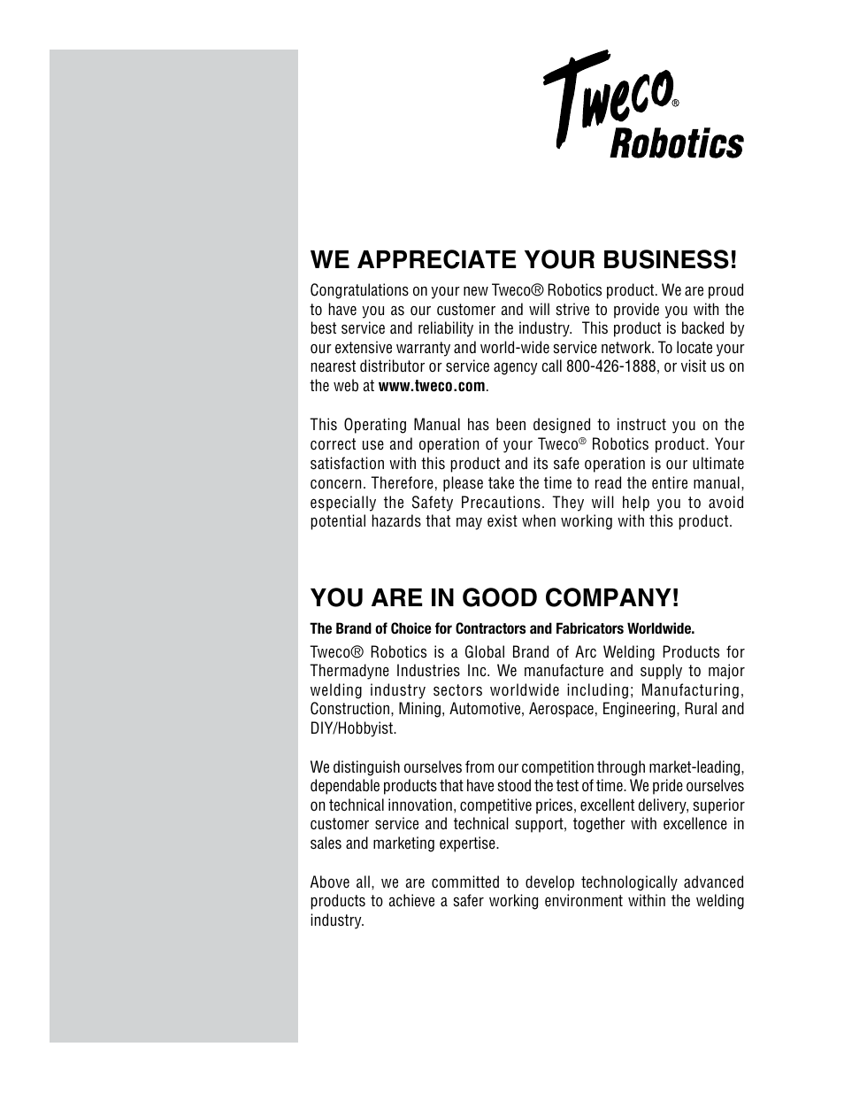 You are in good company, We appreciate your business | Tweco Lightweight Quick Robotic Torch User Manual | Page 2 / 23