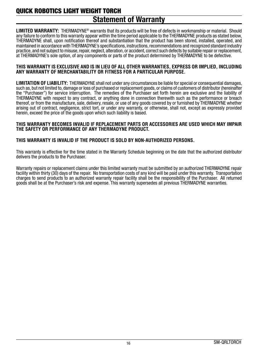 Statement of warranty, Quick robotics light weight torch | Tweco Lightweight Quick Robotic Torch User Manual | Page 20 / 23