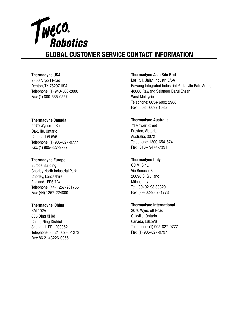 Global customer service contact information | Tweco Lightweight Quick Robotic Torch User Manual | Page 22 / 23