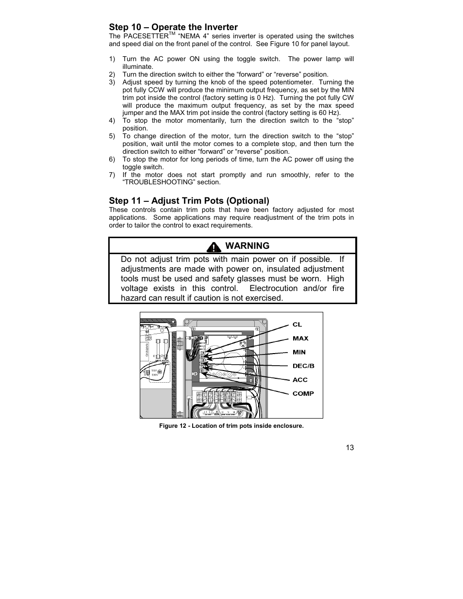 Step 10 – operate the inverter, Step 11 – adjust trim pots (optional), Warning | HP 2995 User Manual | Page 13 / 20