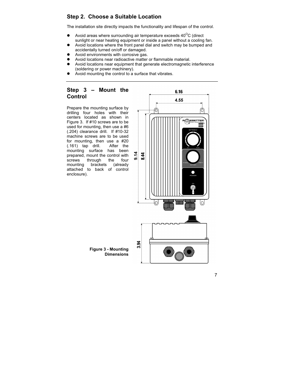 Figure 3 - mounting dimensions, Step 2. choose a suitable location, Step 3 – mount the control | HP 2995 User Manual | Page 7 / 20