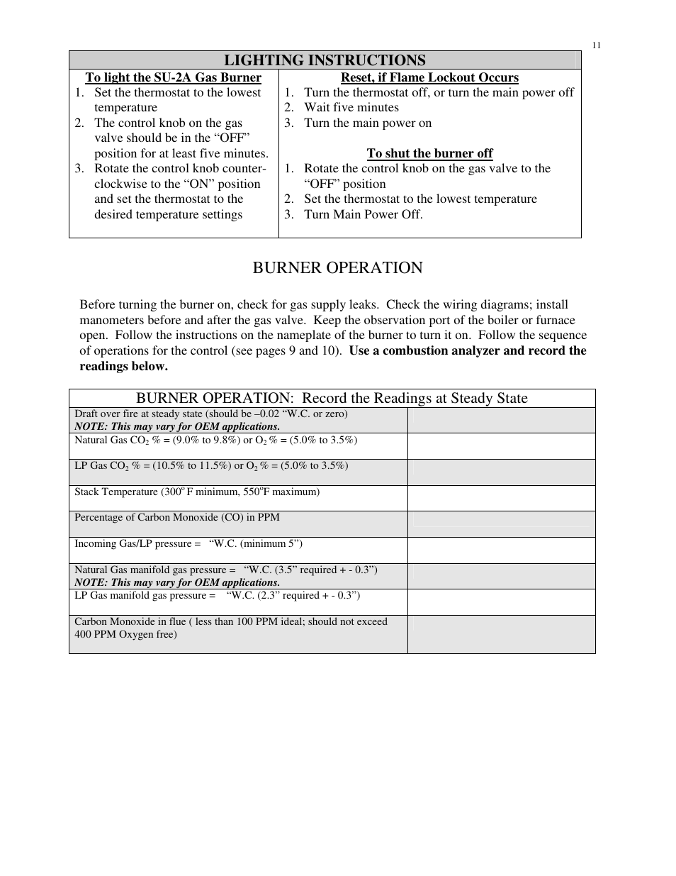 Burner operation, Lighting instructions | HP SU-2A User Manual | Page 11 / 16